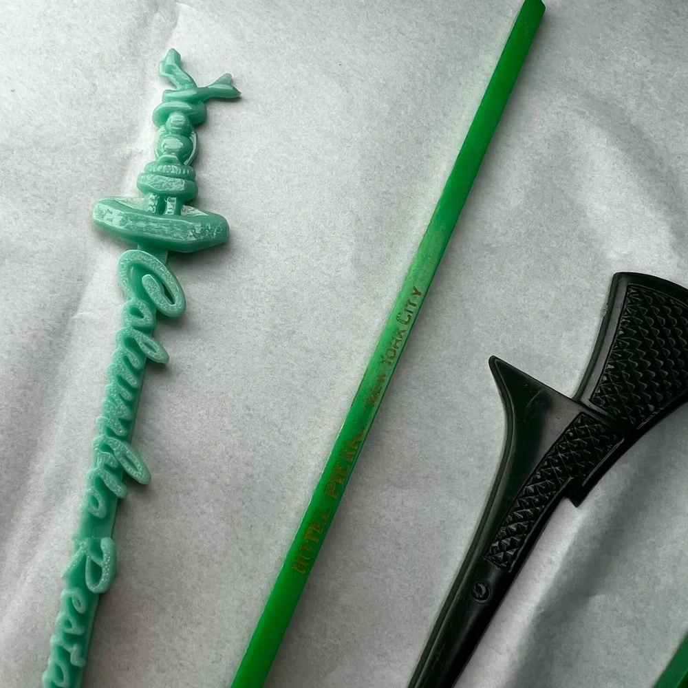 Vintage MCM Set of 6 Green Swizzle Sticks, Midcentury, Hipocampo Nightclub, bar